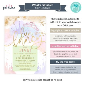 Puede incluir: Una plantilla de invitaci&oacute;n imprimible para una fiesta de cumplea&ntilde;os de 5 a&ntilde;os para una ni&ntilde;a, que mide 12,7 x 17,8 cm. La invitaci&oacute;n presenta un fondo de acuarela con una corona, estrellas y las palabras "Fun & Fancy" en letras doradas. El texto "Olivia's 5th Birthday" tambi&eacute;n est&aacute; incluido, junto con la fecha, la hora y el lugar de la fiesta. La invitaci&oacute;n es editable a trav&eacute;s del sitio web Corjl.com.