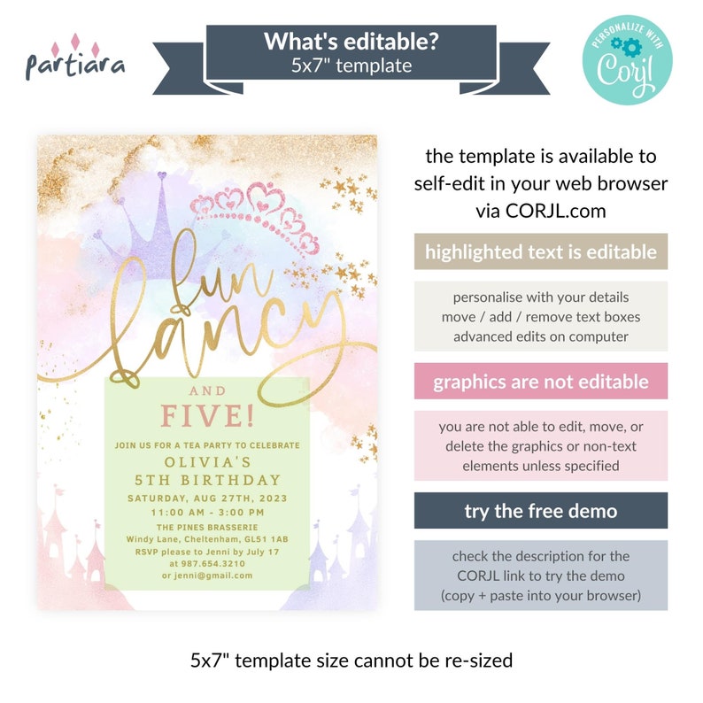 Puede incluir: Una plantilla de invitaci&oacute;n imprimible para una fiesta de cumplea&ntilde;os de 5 a&ntilde;os para una ni&ntilde;a, que mide 12,7 x 17,8 cm. La invitaci&oacute;n presenta un fondo de acuarela con una corona, estrellas y las palabras "Fun & Fancy" en letras doradas. El texto "Olivia's 5th Birthday" tambi&eacute;n est&aacute; incluido, junto con la fecha, la hora y el lugar de la fiesta. La invitaci&oacute;n es editable a trav&eacute;s del sitio web Corjl.com.