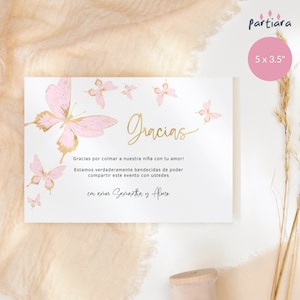 Modèle de carte de remerciement pour baby shower espagnole, cartes de fête papillon filles imprimables, déco rose pastel, téléchargement numérique modifiable P293