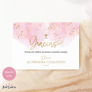 Spanisch Spanisch Dankeskarte für Mädchen, Pastell Rosa Notecards Vorlage, Mädchen Erstkommunionkarten Printable, Editable Download P364