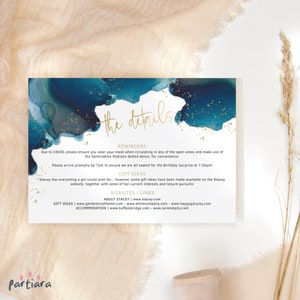 Insertion d'invitation à une fête, inserts d'invitation à une fête Fiver, carte de détails d'anniversaire imprimable, déco or bleu sarcelle, modèle modifiable P231