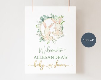 Signo de bienvenida de conejitos gemelos, tablero de bienvenida de baby shower imprimible, decoración de póster de fiesta de Pascua de género neutro, oro verde, descarga editable P52