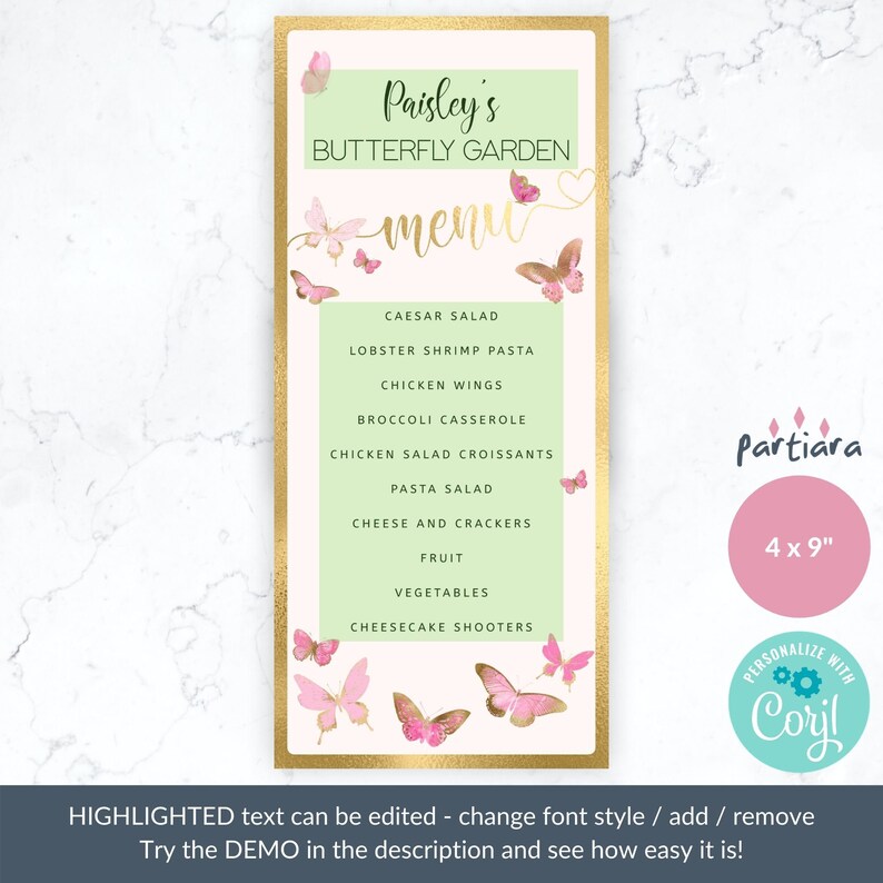 Butterfly Menu Card Editable Girl Birthday Butterflies Party | Etsy