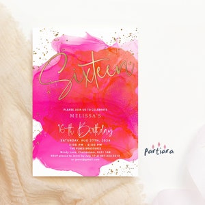 Mädchen zum 16. Geburtstag Einladung Vorlage, Hot Pink Orange Tropical Party einladen Printable Bearbeitbare Digital Download Karte P200