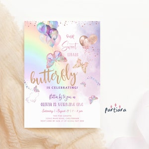 Unser kleiner Schmetterling 1. Geburtstagseinladung für Mädchen, Baby-Schmetterlingsparty laden ein Druckbare, bearbeitbare Regenbogenkartenvorlage Download P87