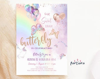 Butterfly Invite Girl Rainbow Butterflies Party Invitation Editable Sweet Little Butterfly 1st Birthday Pastel Pink Lilac Printable P87