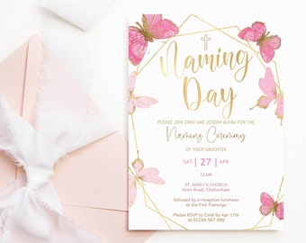 Naming Ceremony Invitation Editable Template: Baby Girl Butterfly Baptism Printable P144