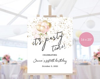 It's Party Time Sign Birthday Welcome Poster Printable Editable Digital Download Template for Ladies Teen Girls Pink Gold Decor P344