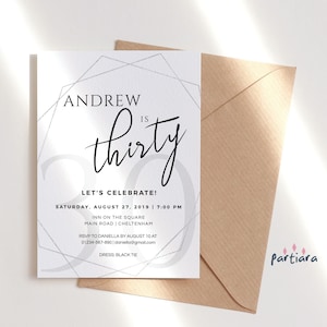 Mens Birthday Invitation Digital Download, Black Silver Dinner Party Printable Template P606