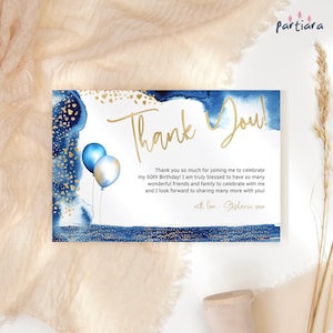 Blue Thank You Card Printable, Birthday Dinner Party Notecards for Men ...