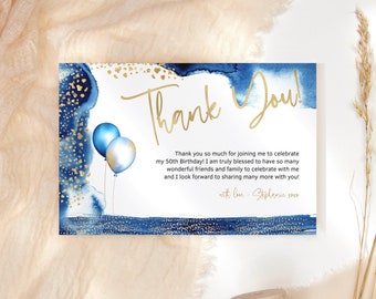 Blue Thank You Card Printable, Birthday Dinner Party Notecards for Men or Ladies Events, Navy Gold Balloons Decor, Editable Download P260