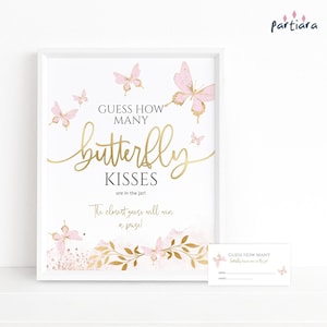 Pink Gold Butterfly How Many Kisses Bridal Shower Butterflies Party Games Table Sign and Notecard Set Printable Editable Download P293