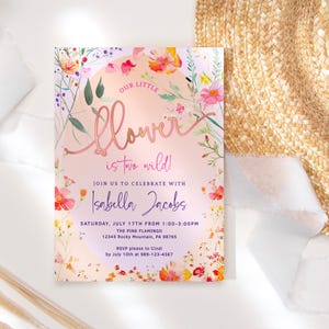 Convite para festa de flores silvestres para meninas, 2º aniversário, convite para impressão com dois florais silvestres, cartão para festa no jardim rosa, laranja e roxo, editável P890