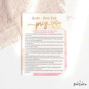 Pastel Baby Pass the Prize Game kaartsjabloon, babyshower cadeaus gamecard afdrukbare, meisjes perzik roze ombre zonneschijn decor, bewerkbare P178