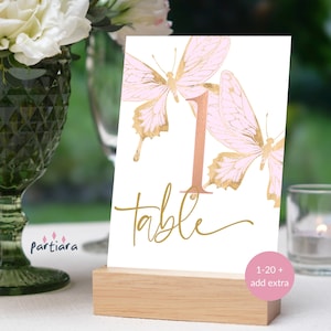 Schmetterlingstischnummern, rosa Partytischnummerkarten druckbare, Mädchentaufe Pastellsitzdekor bearbeitbare Vorlage, digitaler Download P293