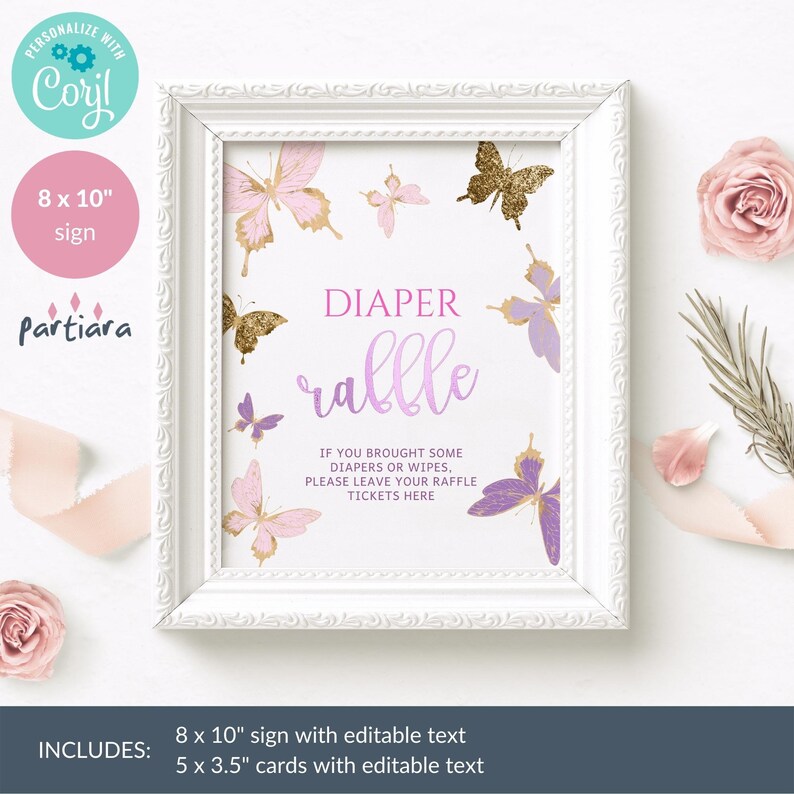 Butterfly Baby Shower Diaper Raffle Sign and Tickets Printable Girl Party Game Card Editable Digital Download Pink Lilac Decor P345 image 5
