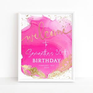 Masquerade Party Sign, Birthday Masked Ball Table Poster Decor Printable, Hot Pink Gold Editable Digital Download Template P200