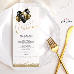 Modèle modifiable de carte de menu d'anniversaire en or noir, hommes ou femmes, menus de table de fête de retraite, ballons imprimables Decor, téléchargement numérique P251