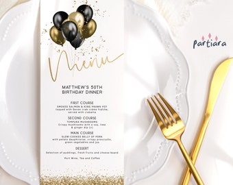 Black Gold Birthday Menu Card Editable Template Men or Ladies Retirement Party Table Menus Printable Balloons Decor Digital Download P251