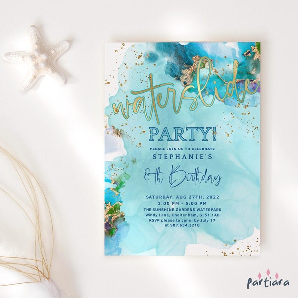 Birthday Waterslide Waterpark Invitation Teen Girls Swimming Party Invite Printable Teal Blue Gold Decor Editable Download P243