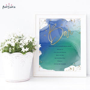 Modèle de signe de menu de bar d'été, menus de boissons de fête de piscine imprimables, décor d'événements hommes ou femmes bleu vert, téléchargement modifiable P812
