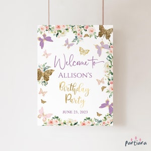 Cartello di benvenuto per compleanno a forma di farfalla stampabile, poster per festa in giardino nella foresta incantata, decorazione per poster, 1° compleanno pastello, modificabile, rosa e lilla, P328