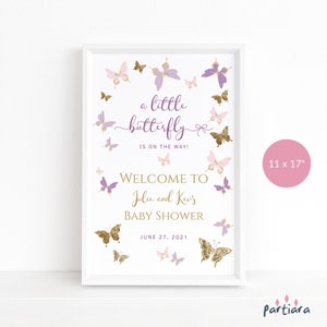 Butterfly Baby Shower Sign, Welcome Party Poster Template, Girls Pastel Pink Purple Decor Printable, Editable 11x17 Template Download P345