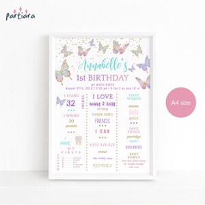 Tableau des jalons papillon 1er anniversaire imprimable pour les filles, signe de la première année des statistiques de naissance papillons arc-en-ciel, modèle modifiable à télécharger P87