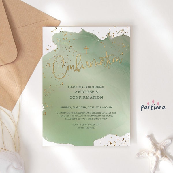 Green Gold Confirmation Invitation Printable Boy or Girl's Confirmation Party Invite Pastel Sage Olive Decor Editable Digital Download P629