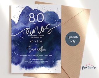 Plantilla de invitación de cumpleaños española azul, invitación para cena de 50, 60, 70 y 80 años de la realeza masculina, imprimible, editable, descarga digital P627