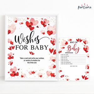 Tarjetas con deseos para baby shower de San Valentín para niñas, juego de tarjetas con consejos y deseos de amor para niñas, decoración con corazones rosados y rojos, editable P121