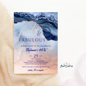 Ladies 40th Birthday Invite Forty and Fabulous Theme Dinner Party Invitations Printable Blush Pink Rose Gold Blue Editable Download P139