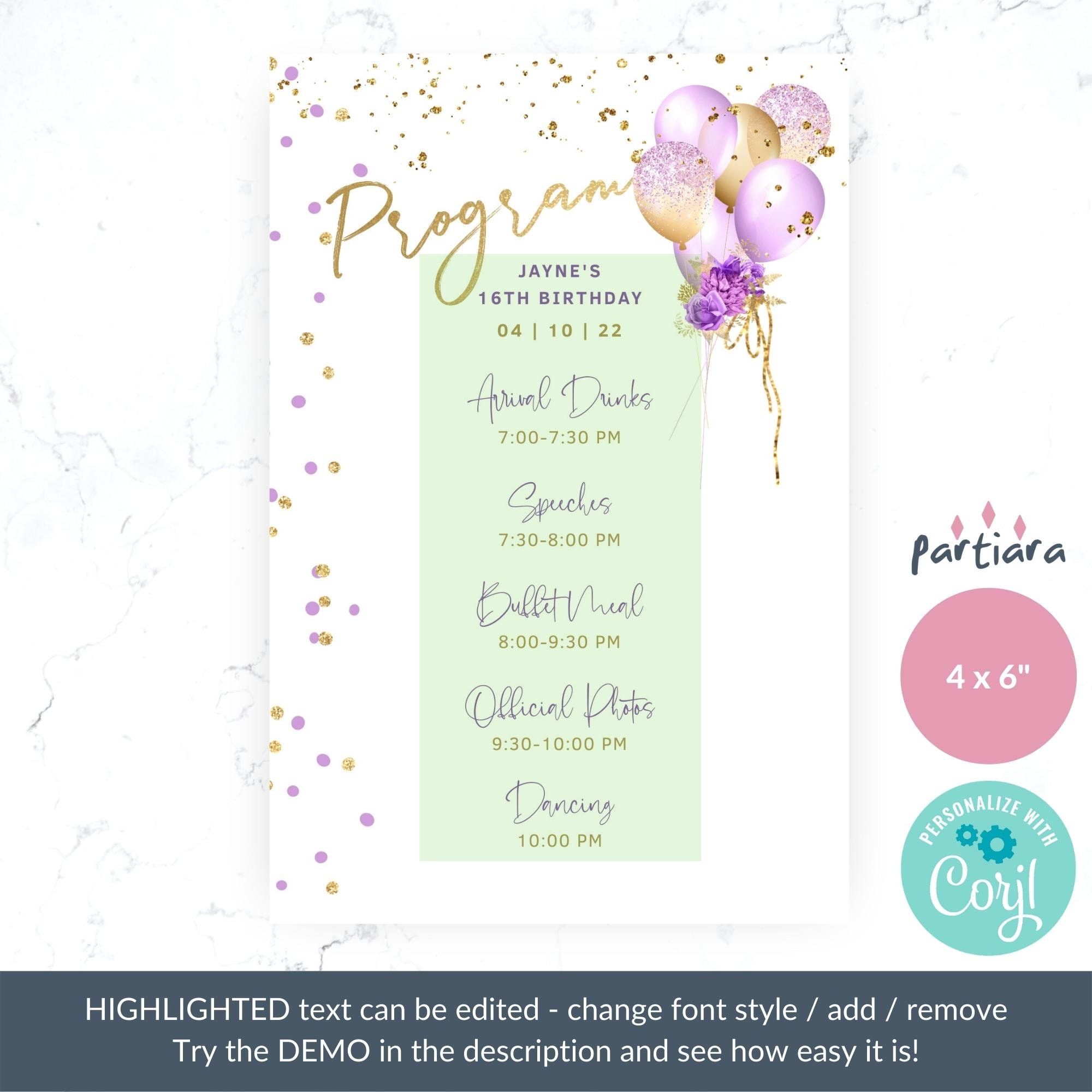 Ladies Birthday Party Program Template Printable Lilac Purple -   Portugal