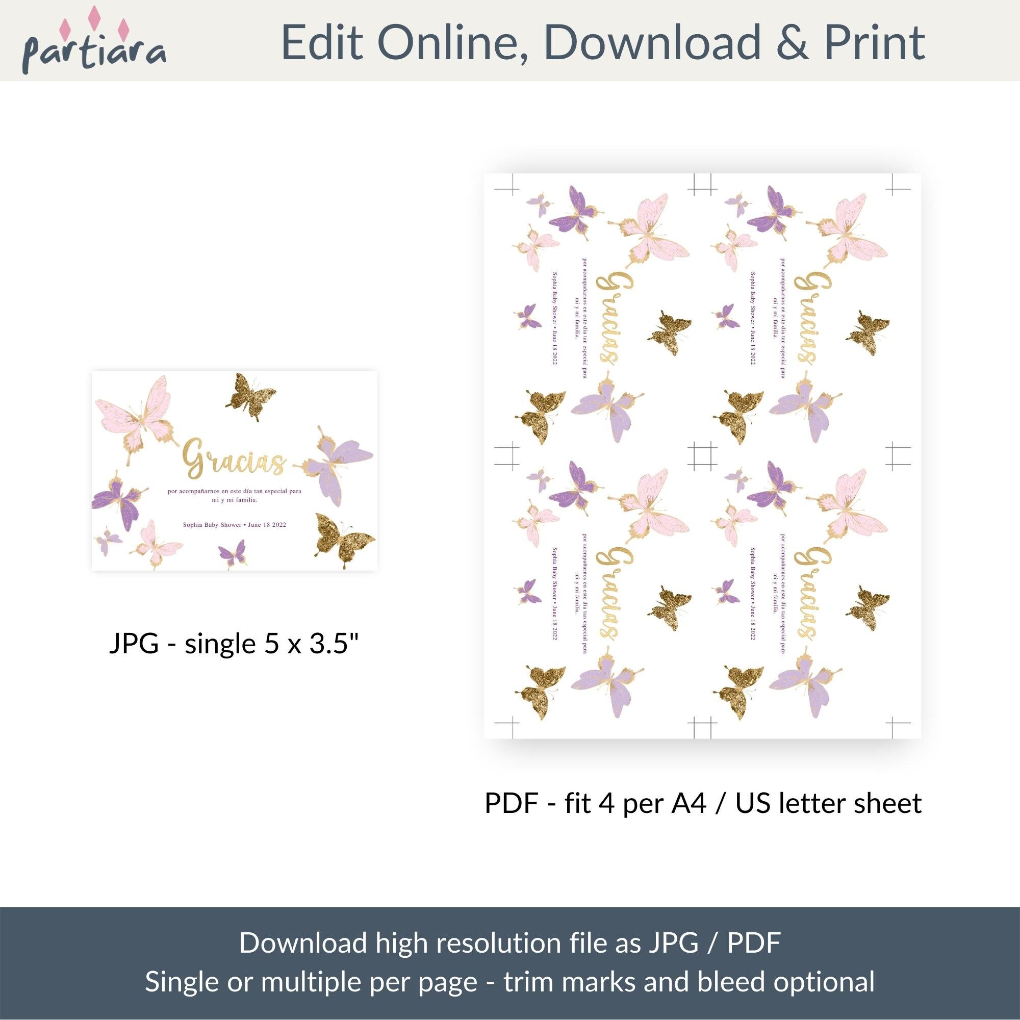 Girl Butterfly Baby Shower Thank You Card Printable Spanish Etsy