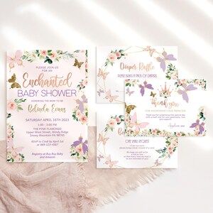 Baby Shower Invite Enchanted Butterfly Garden Invite Bundle Set with Inserts, Girls Pink Purple Floral Decor Editable Templates P328