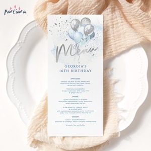 Pastel Blue Menu Template, Birthday Party Menus Printable, Silver Blue and White Table Decor, Baby Shower Balloons Card, Editable P632