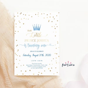 Birthday Prince Invitation Editable Boy's 1st Birthday Party Invites Printable Royal Blue and Gold Crown Invite Instant Download P137