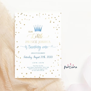 Birthday Prince Invitation Editable Boy's 1st Birthday Party Invites Printable Royal Blue and Gold Crown Invite Instant Download P137