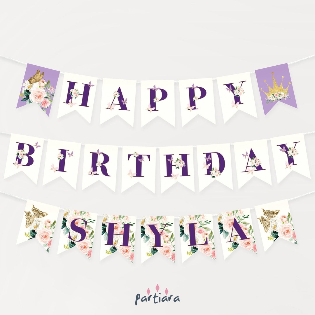 Butterfly Birthday Banner Printable Floral Butterflies Bunting Flags ...