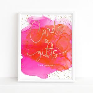 Signe de cadeaux et de cartes orange rose vif pour dames, affiche de table de fête de remise des diplômes, modèle imprimable modifiable or fuchsia, P200
