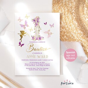 Taufeinladung 1. Geburtstag Gemeinsame Party einladen für Mädchen, Spanischer Schmetterling Blumenkarten, Rosa Lila Golddekor, Bearbeitbarer Download P276