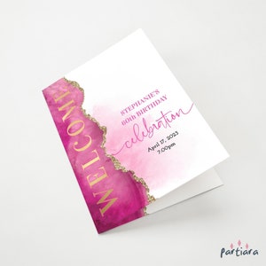 Modèle de programme d'anniversaire : Programmes d'événements pour femmes - Programme pliable rose fuchsia et or P700
