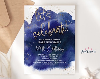 Indigo Blue Birthday Invitation Digital Download DIY Printable Editable Template, Navy Gold 30th 40th 50th Party Invites for Men, Corjl P132