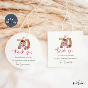 Etiquetas florais para aniversário de 70 anos, etiquetas para presentes de agradecimento para mulheres, decoração de rosas vermelhas douradas, modelo digital editável para download P195