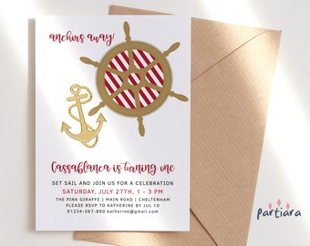 1st Birthday Invite Nautical Party Invitations Printable Red and Gold Anchors Away Girl or Boy First Sailing Theme Editable Download P104