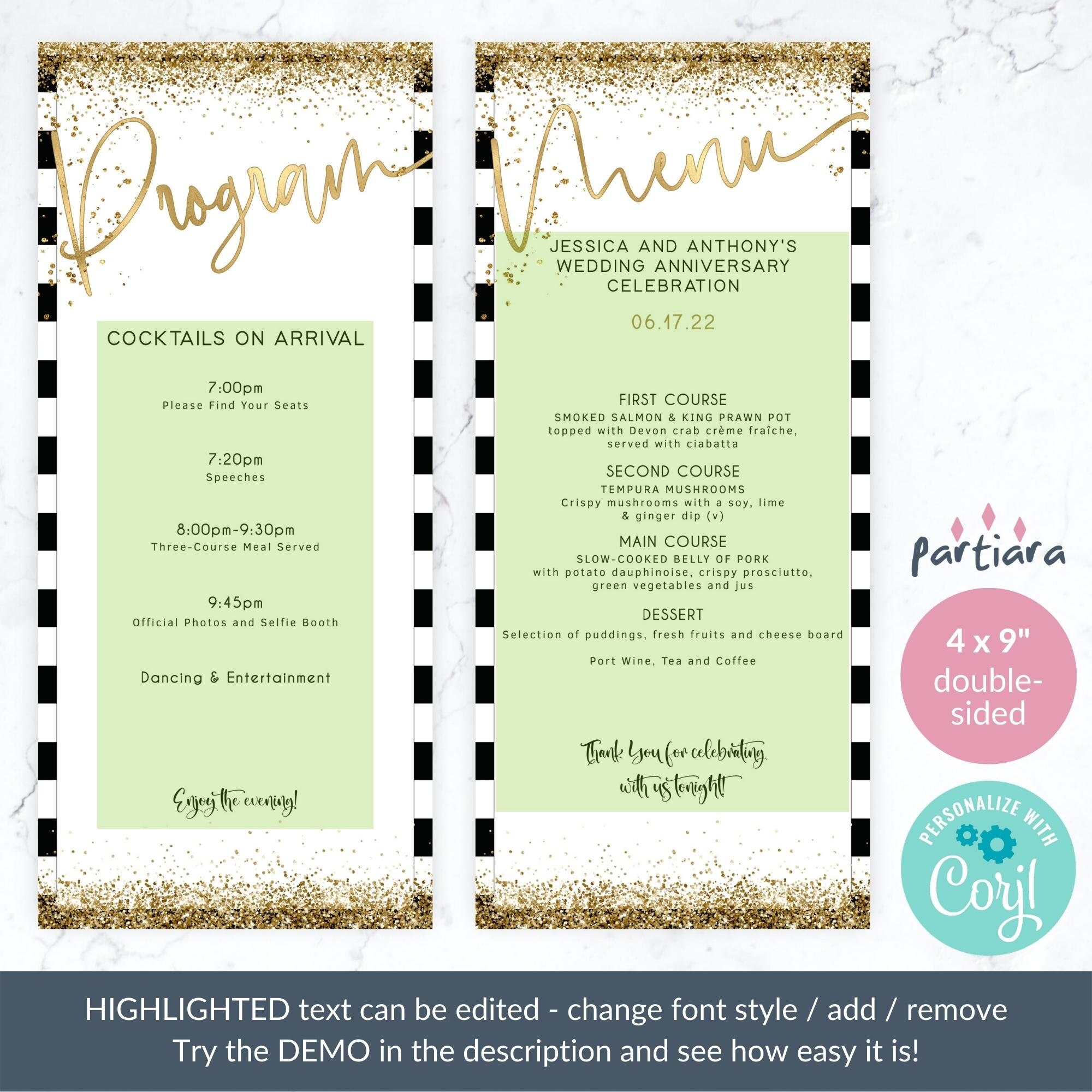 Black Gold Menu Program Template, Birthday Dinner Programs Printable ...