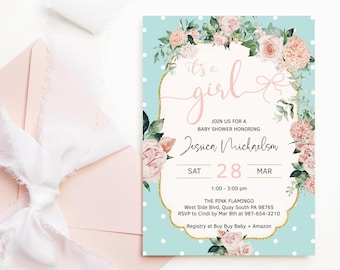 Chic Floral Baby Invite Girl Baby Shower Invitation Printable Teal Blue Blush Pink Rose Polkadot Decor Editable Digital Download P312