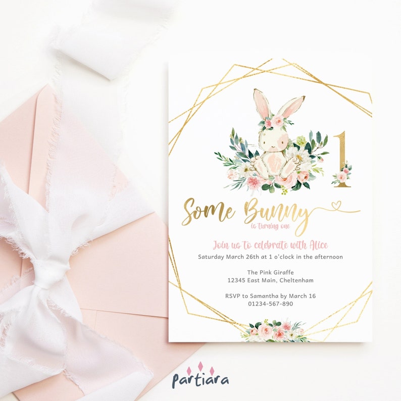 Girls Some Bunny 1st Birthday Invitation Printable Easter Spring Pink Floral Rabbit Tea Party Invite Editable Digital
