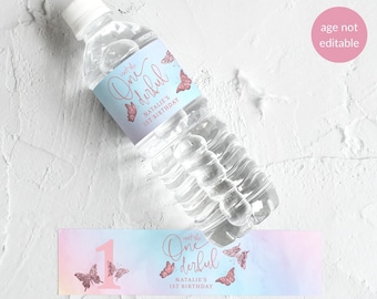 Onederful Birthday Water Label Girl Editable 1st Birthday Party Favor Labels Rainbow Rose Gold Butterflies Printable Digital Download P179