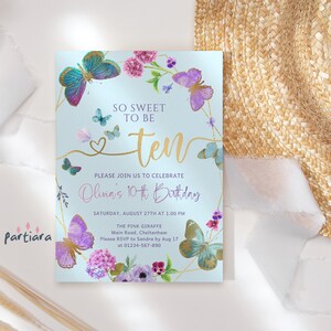 Invito per il 10° compleanno, modello a forma di farfalla per ragazze, invito per festa in giardino incantato floreale, stampabile, modificabile, download digitale P151